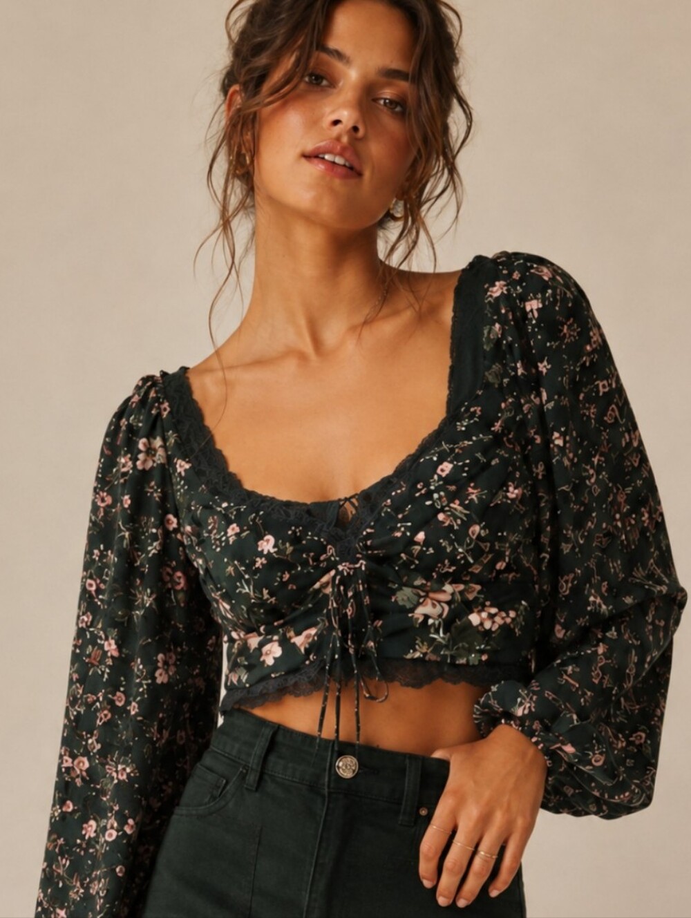 Altar'd State Dark Green Floral Lace Trim Ruched Crop Top Boho Blouse L EUC
